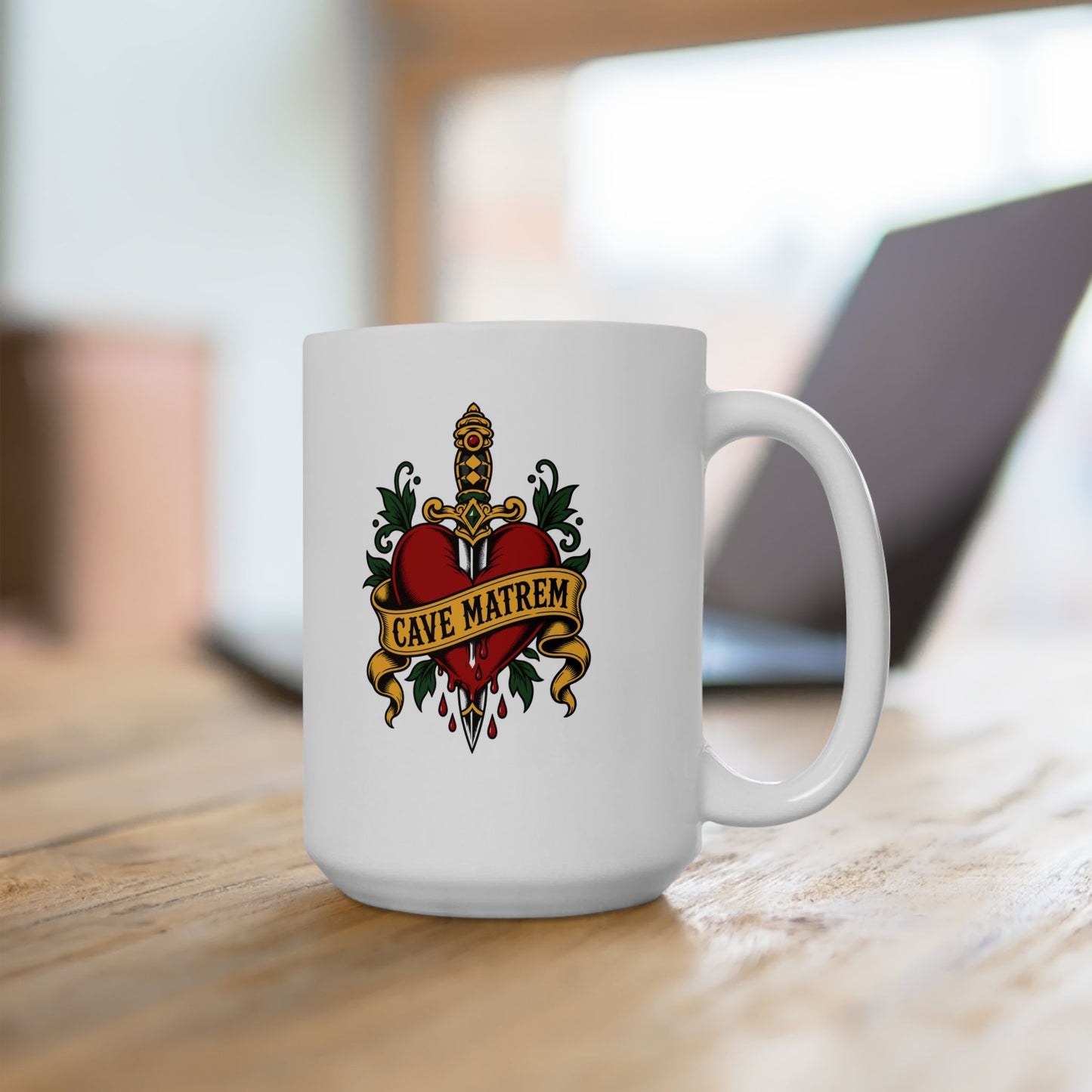 Cave Matrem Beware Mother Tattoo Style Ceramic Mug, (11oz, 15oz)