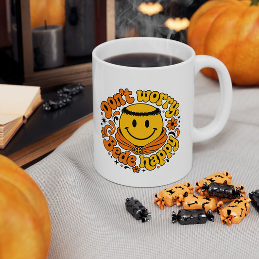 70s Style Don't Worry Venerable Bede Happy Ceramic Mug, (11oz, 15oz)
