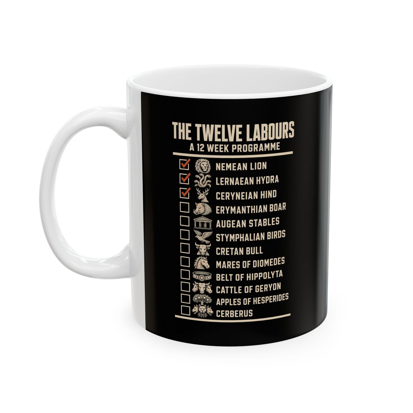 12 Labors Back Print Ceramic Mug, (11oz, 15oz)
