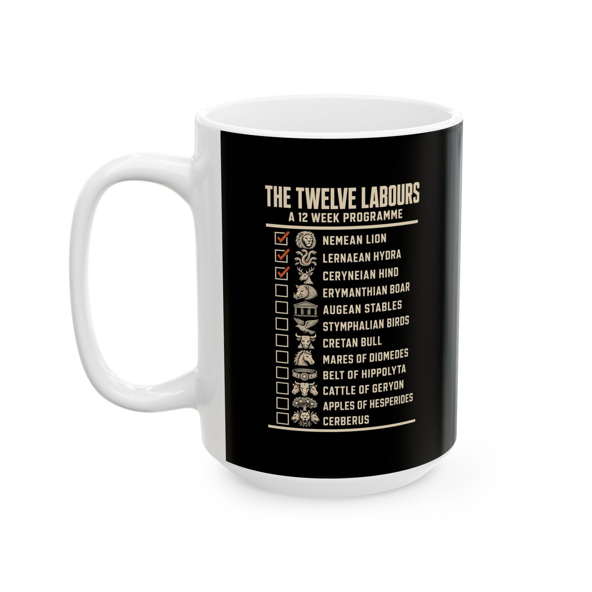 12 Labors Back Print Ceramic Mug, (11oz, 15oz)