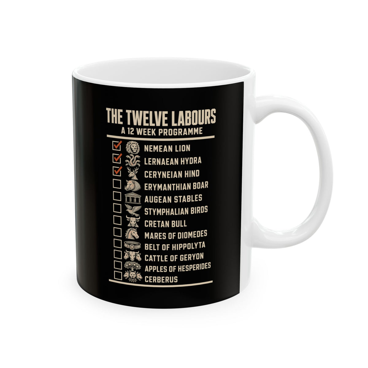 12 Labors Back Print Ceramic Mug, (11oz, 15oz)