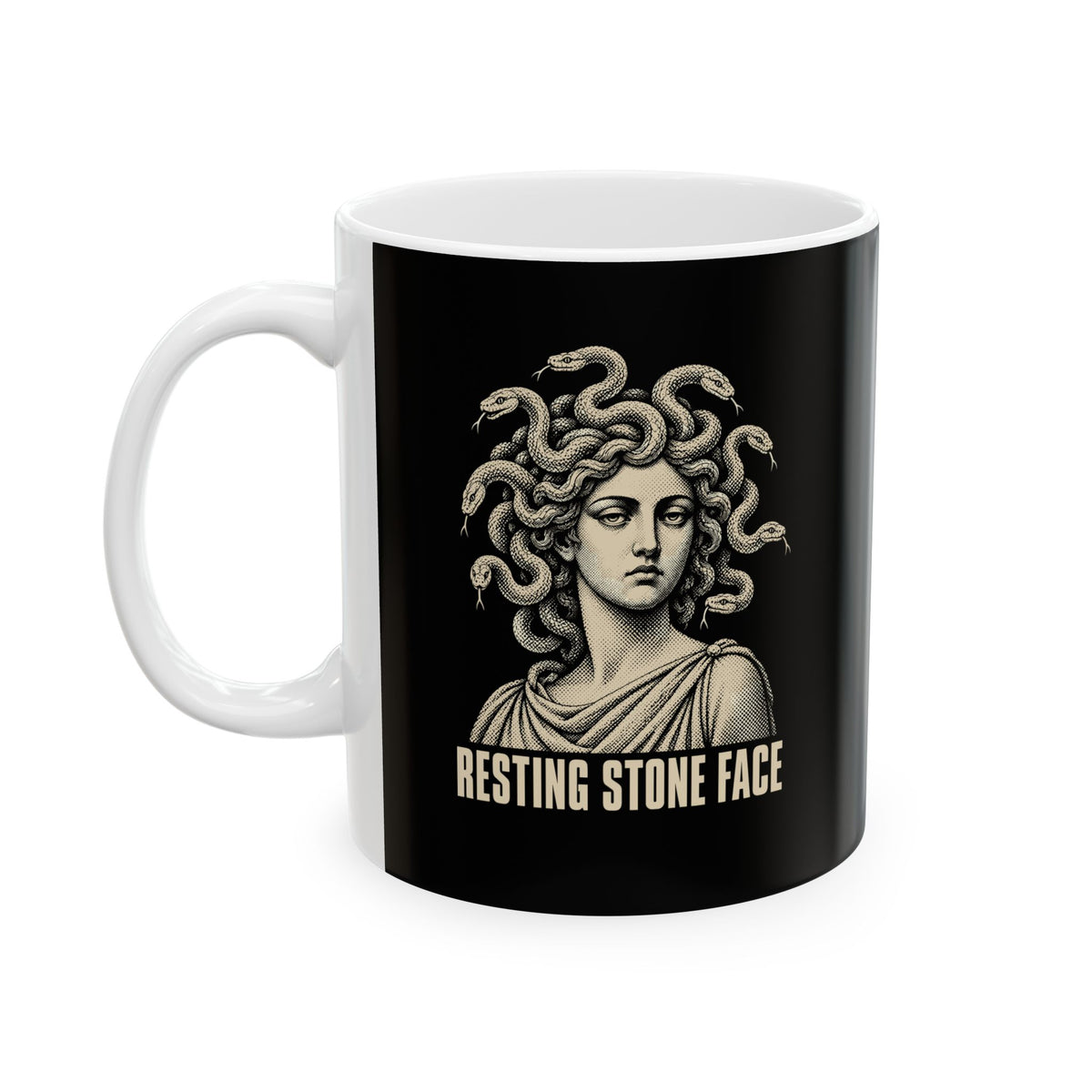 Medusa Resting Stone Face Monochrome Ceramic Mug, (11oz, 15oz)