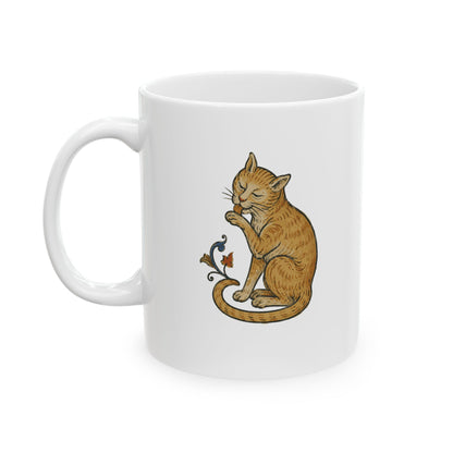 Medieval Marginalia Cat Licking Itself Ceramic Mug, (11oz, 15oz)