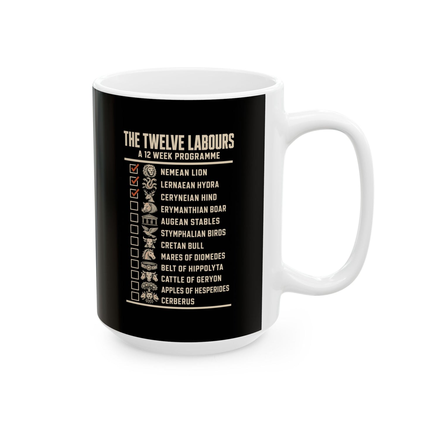 12 Labors Back Print Ceramic Mug, (11oz, 15oz)