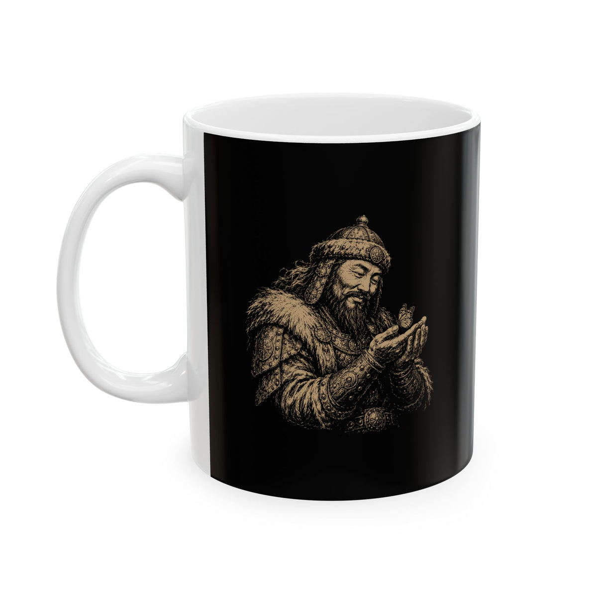 Genghis Khan Holding a Butterfly Ceramic Mug, (11oz, 15oz)