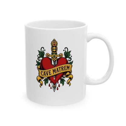 Cave Matrem Beware Mother Tattoo Style Ceramic Mug, (11oz, 15oz)