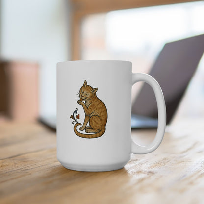 Medieval Marginalia Cat Licking Itself Ceramic Mug, (11oz, 15oz)
