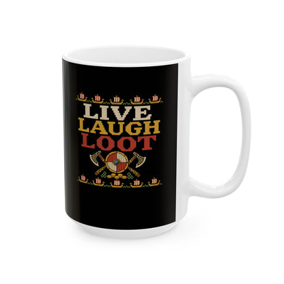 Live Laugh Loot Cross Stitch Ceramic Mug, (11oz, 15oz)
