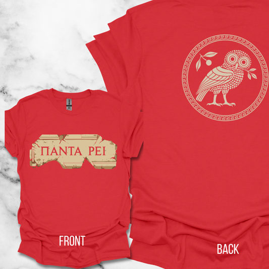 Everything Flows Greek Athens Owl Back Print T-Shirt