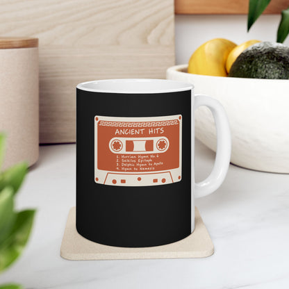 Ancient Hits Cassette ceramic mug, 11oz, on a kitchen counter