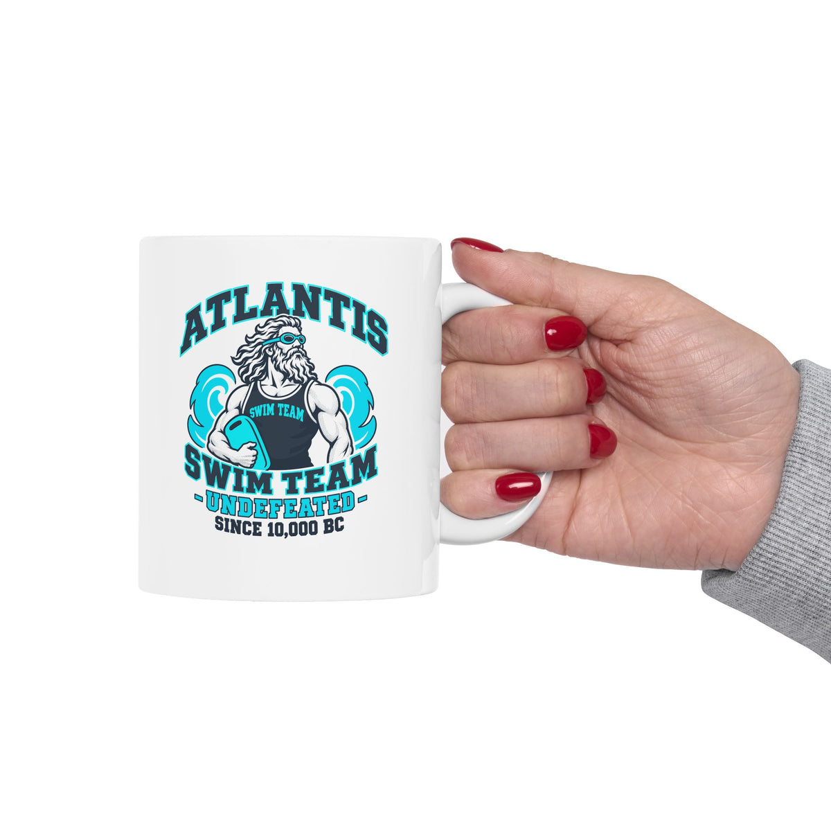 Atlantis Swim Team ceramic mug, 15oz, held in hand