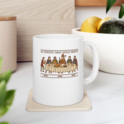Bayeux Christmas Dinner ceramic mug, 11oz, on a kitchen counter