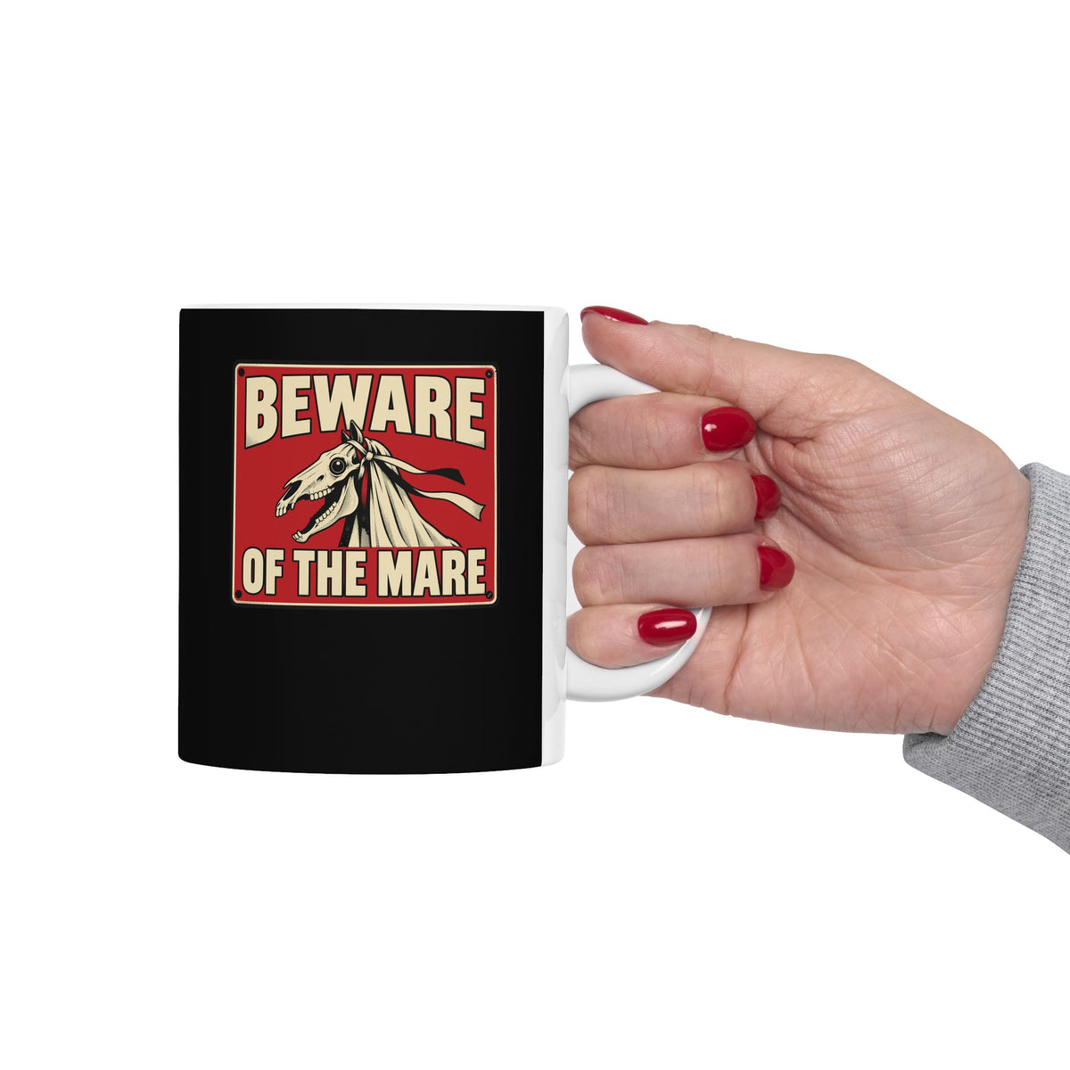 Beware of the Mare Mari Lwyd ceramic mug, 15oz, held in hand