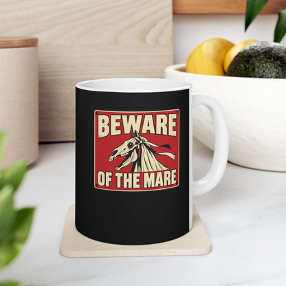 Beware of the Mare Mari Lwyd ceramic mug, 11oz, on a kitchen counter