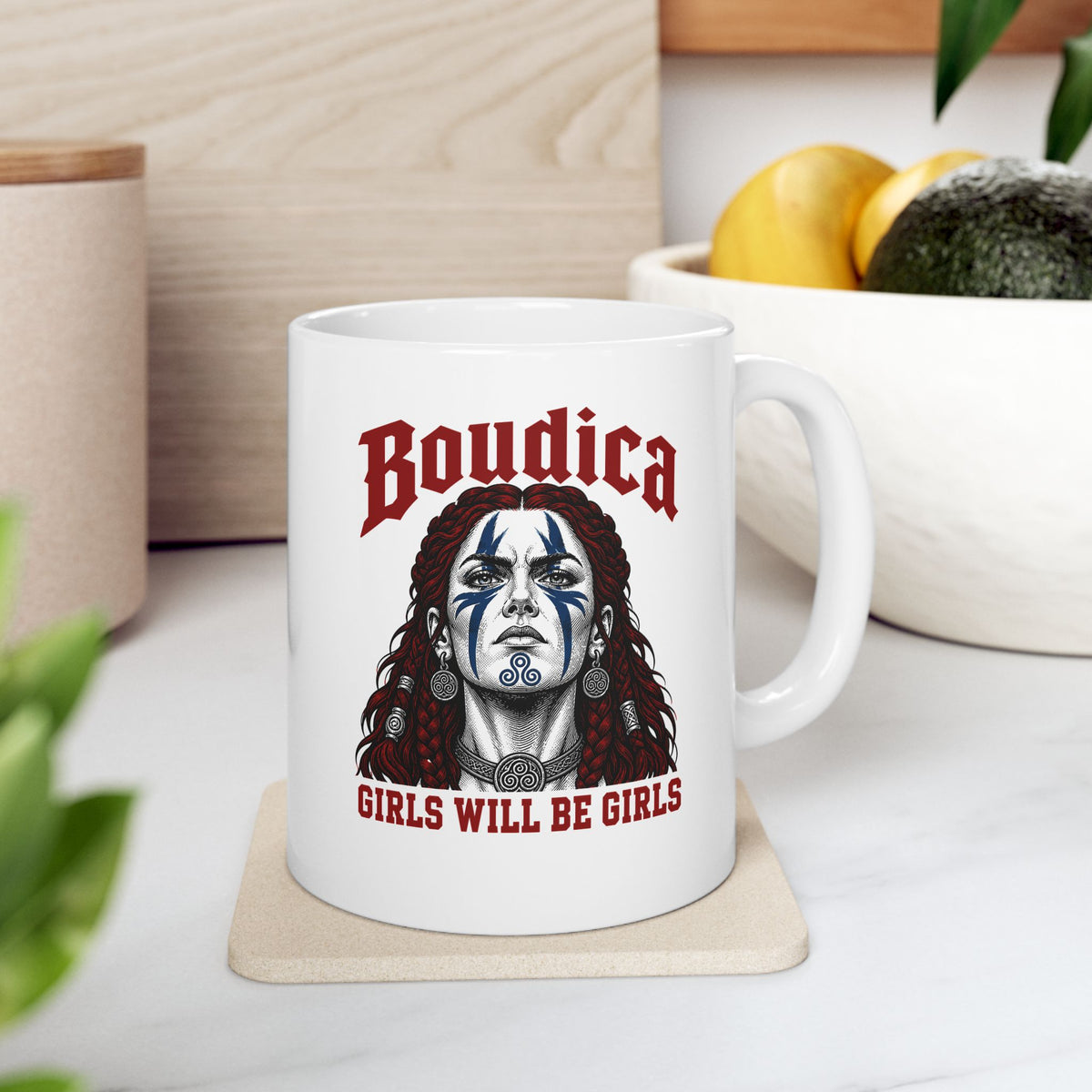 Boudica Girls Will Be GirlsCeramic Mug, (11oz, 15oz) ceramic mug, 11oz, on a kitchen counter
