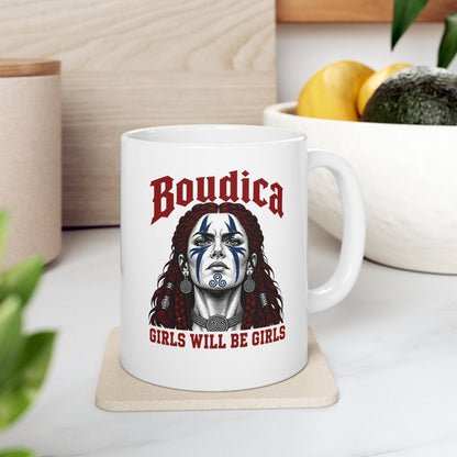Boudica Girls Will Be GirlsCeramic Mug, (11oz, 15oz) ceramic mug, 11oz, on a kitchen counter