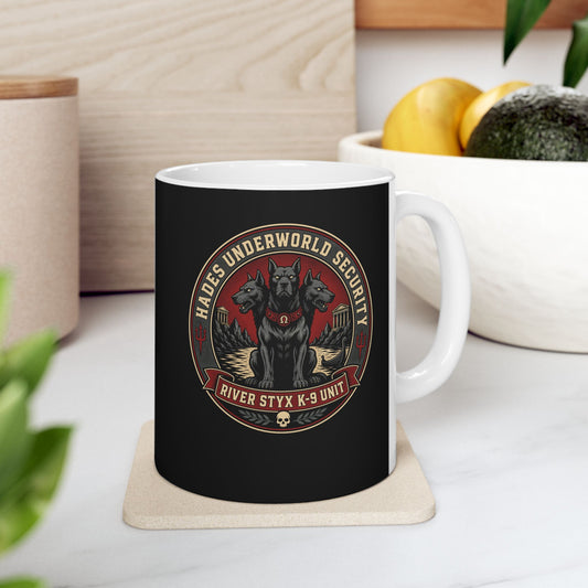 Cerberus Styx Canine Unit ceramic mug, 11oz, on a kitchen counter