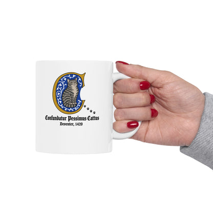 Confundatur Pessimus Cattus Deventer 1420 ceramic mug, 15oz, held in hand