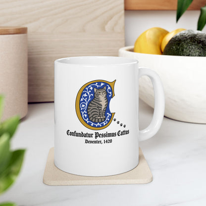 Confundatur Pessimus Cattus Deventer 1420 ceramic mug, 11oz, on a kitchen counter