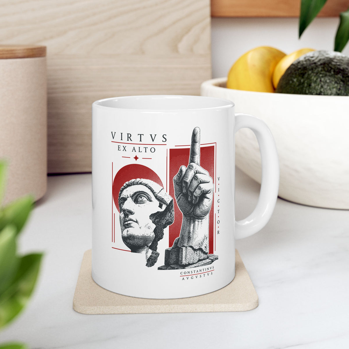 Constantine the Victor ceramic mug, 11oz, on a kitchen counter