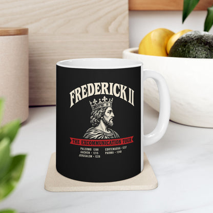 Frederick II The Excommunication Tour ceramic mug, 11oz, on a kitchen counter