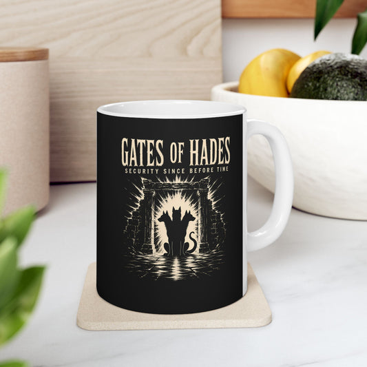 Gates of Hades Cerberus Security ceramic mug, 11oz, on a kitchen counter