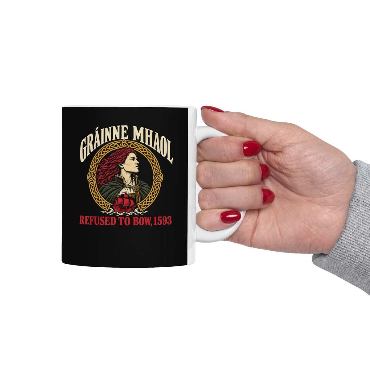 Gráinne Mhaol Refused to Bow 1593 ceramic mug, 15oz, held in hand