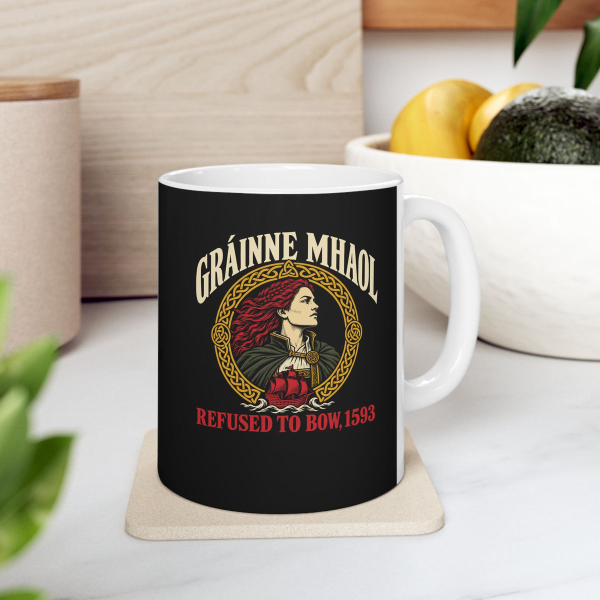Gráinne Mhaol Refused to Bow 1593 ceramic mug, 11oz, on a kitchen counter