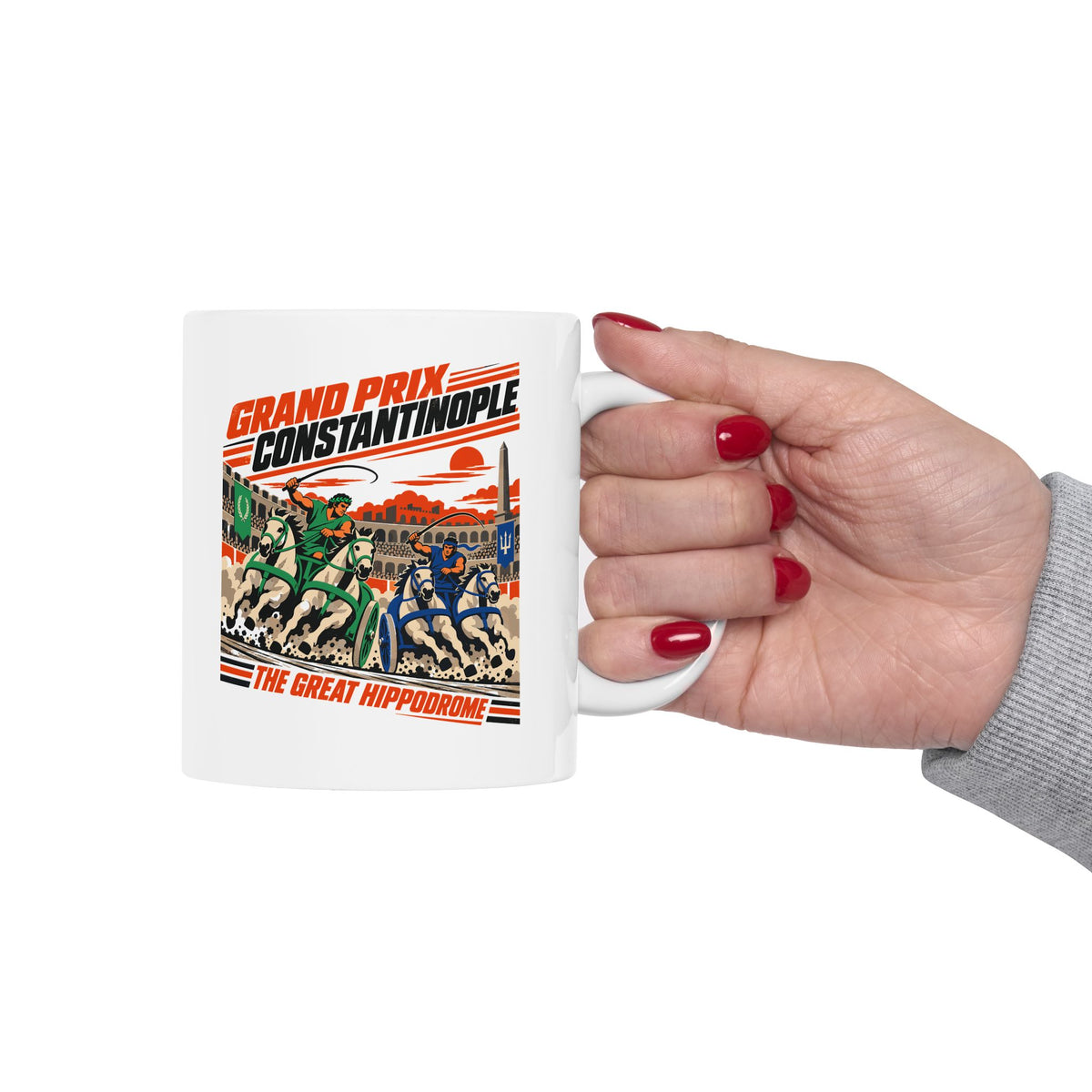 Grand Prix Constantinople Chariot Race ceramic mug, 15oz, held in hand