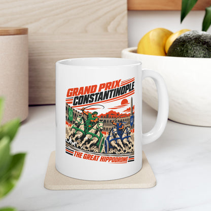 Grand Prix Constantinople Chariot Race ceramic mug, 11oz, on a kitchen counter