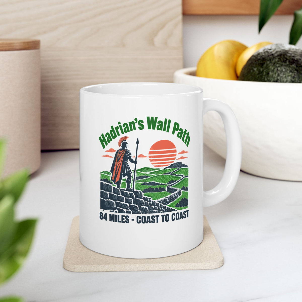 Hadrian's Wall Path Coast to Coast ceramic mug, 11oz, on a kitchen counter