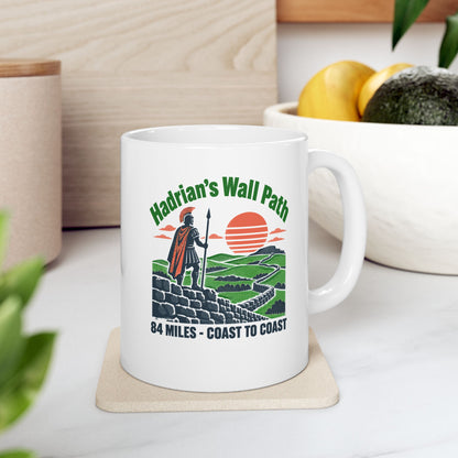Hadrian's Wall Path Coast to Coast ceramic mug, 11oz, on a kitchen counter