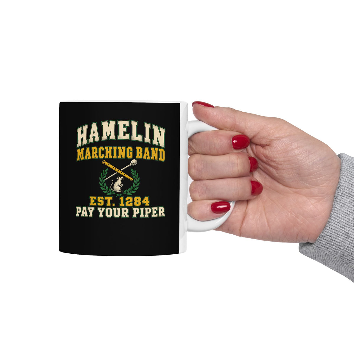 Hamelin Marching Band Pay Your Piper ceramic mug, 15oz, held in hand
