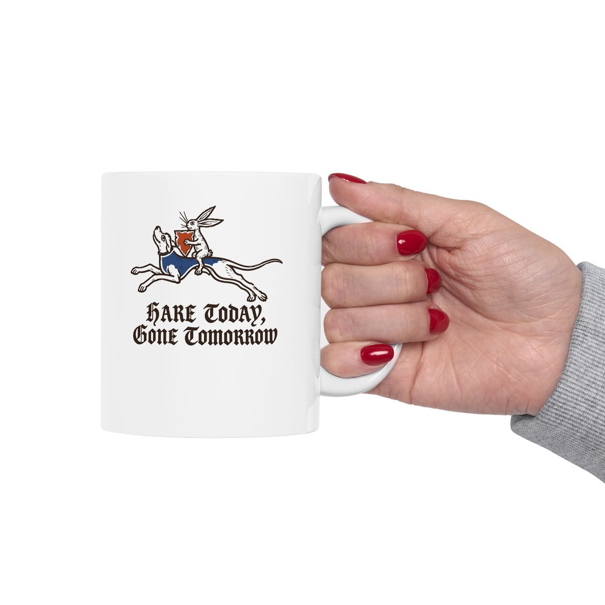 Hare Today, Gone Tomorrow ceramic mug, 15oz, held in hand