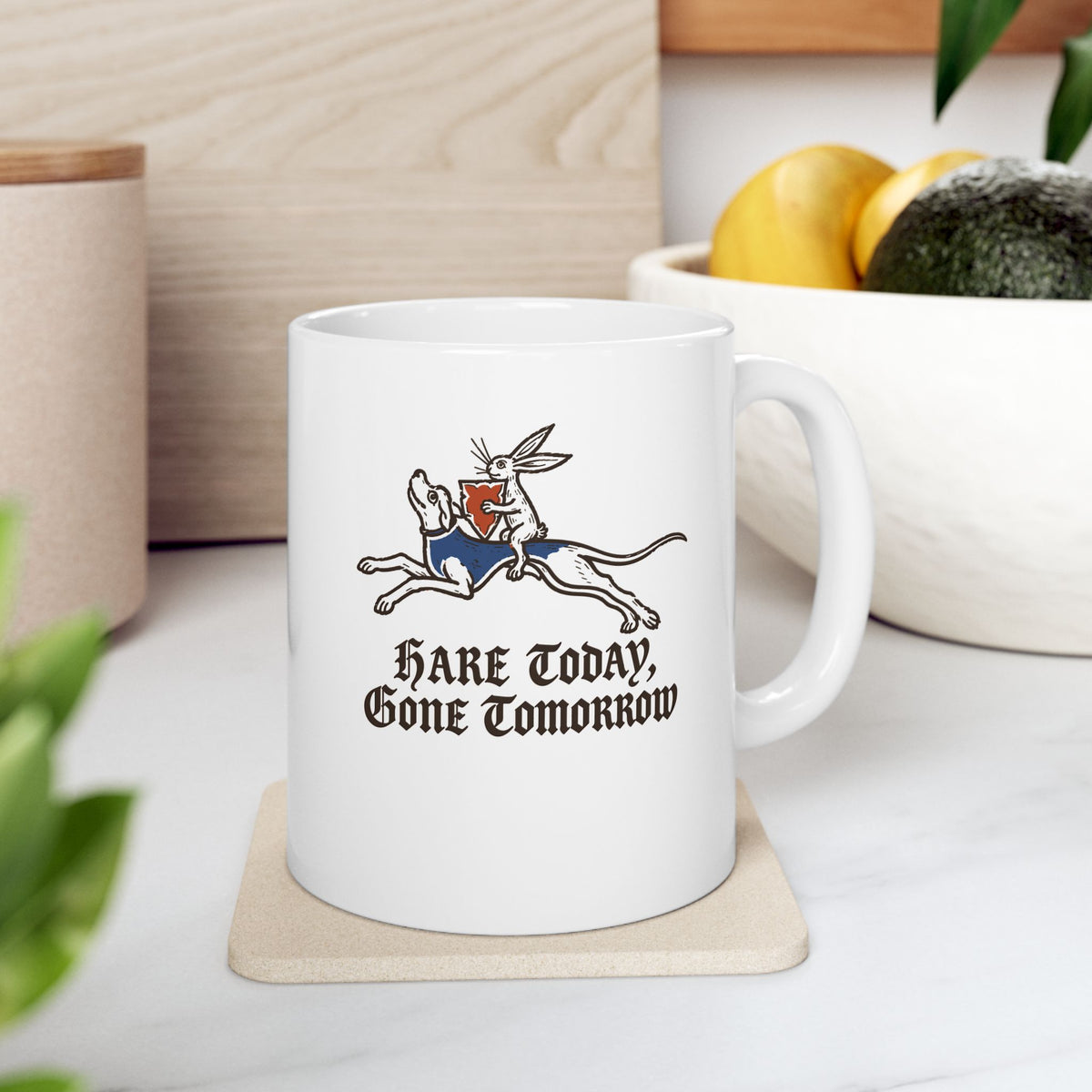 Hare Today, Gone Tomorrow ceramic mug, 11oz, on a kitchen counter