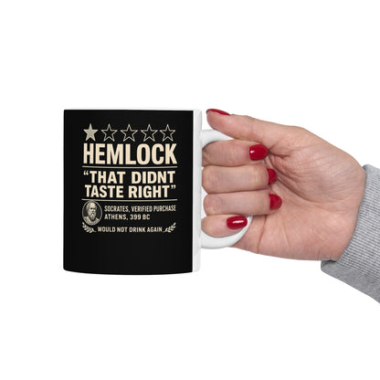 Hemlock Review Socrates ceramic mug, 15oz, held in hand