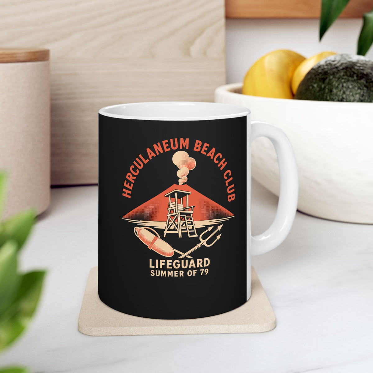 Herculaneum Beach Club Lifeguard ceramic mug, 11oz, on a kitchen counter