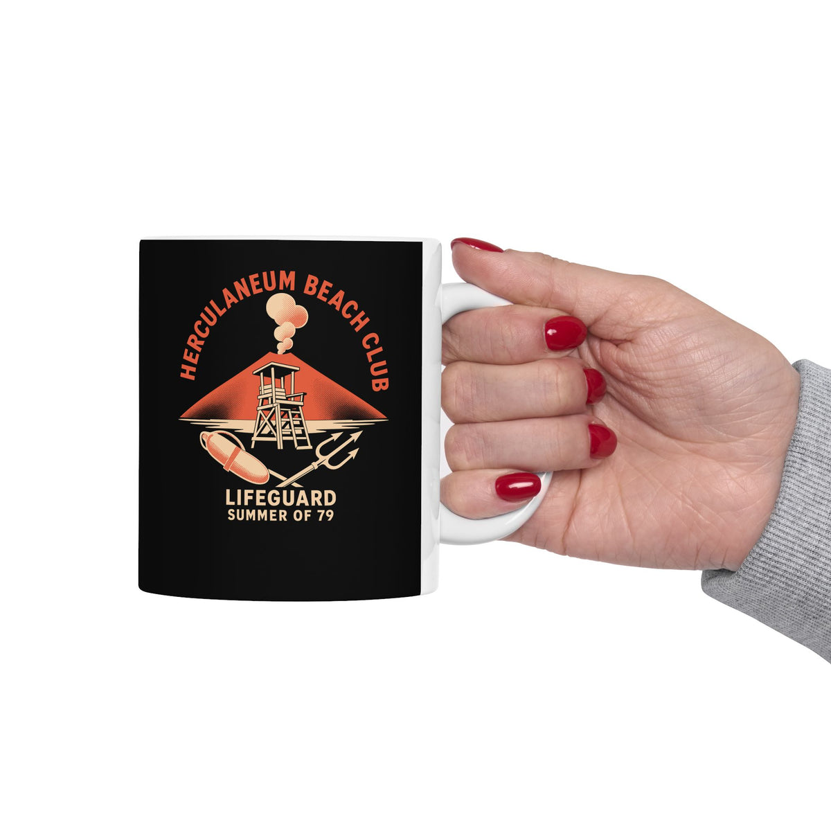 Herculaneum Beach Club Lifeguard ceramic mug, 15oz, held in hand