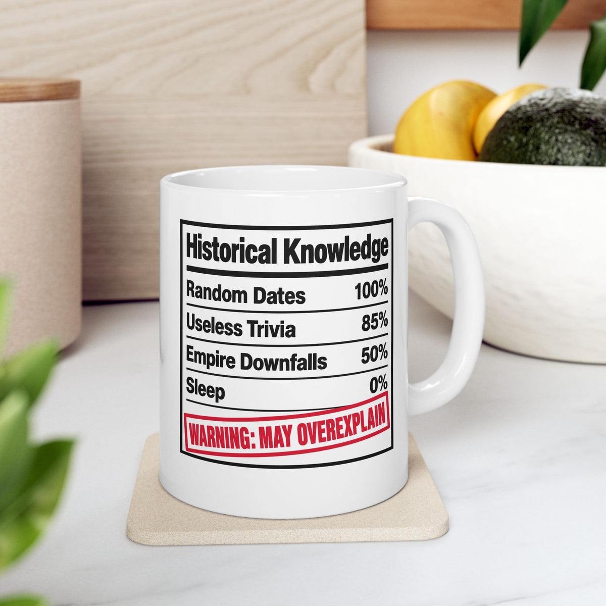 Historical Knowledge Facts ceramic mug, 11oz, on a kitchen counter
