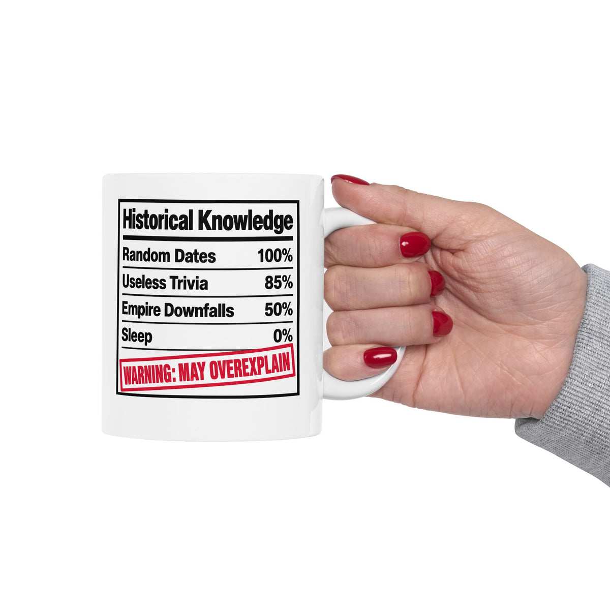 Historical Knowledge Facts ceramic mug, 15oz, held in hand