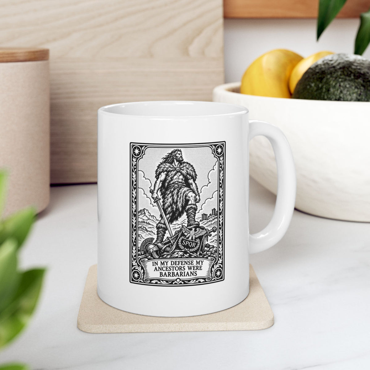 In My Defense My Ancestors Were Barbarians Tarot ceramic mug, 11oz, on a kitchen counter