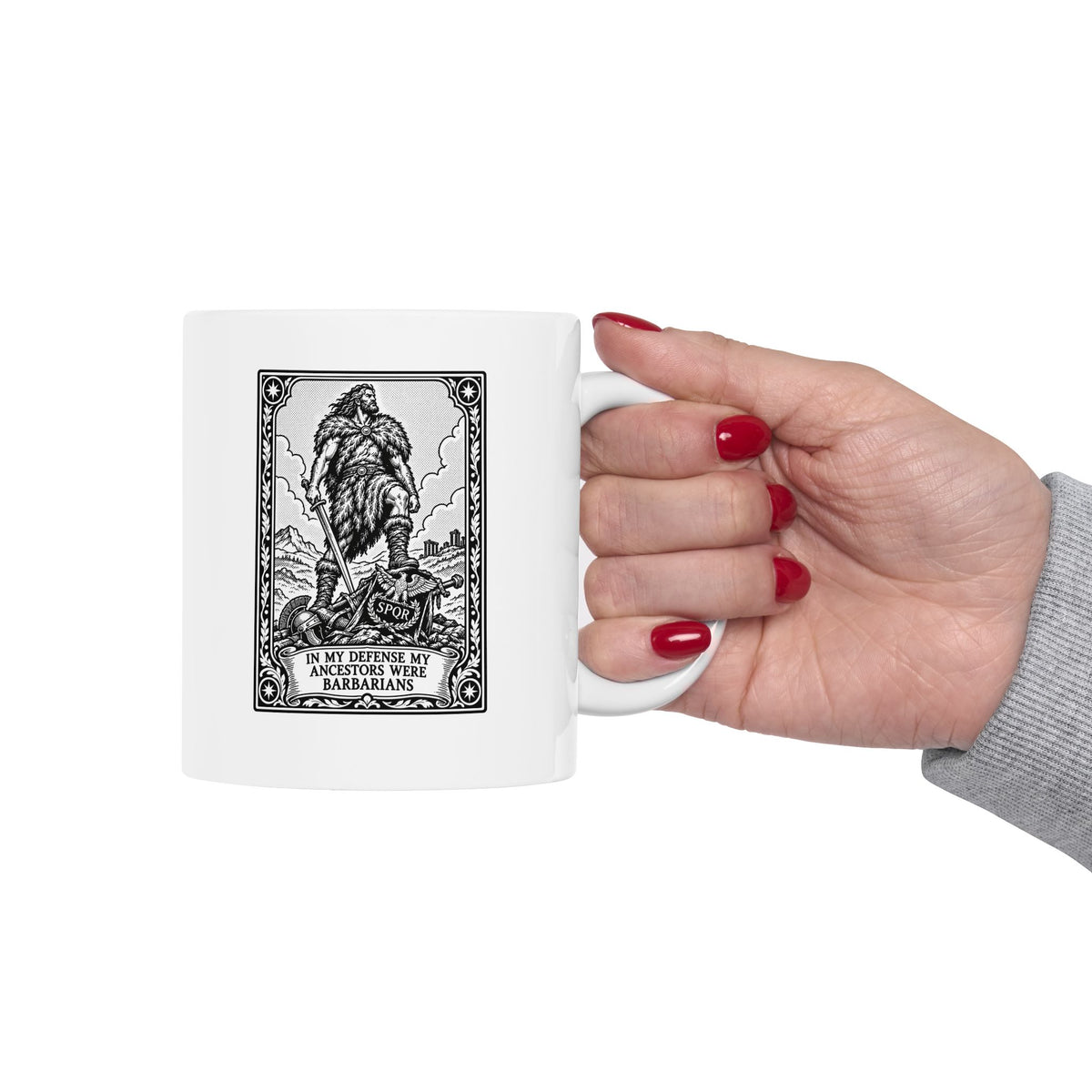 In My Defense My Ancestors Were Barbarians Tarot ceramic mug, 15oz, held in hand