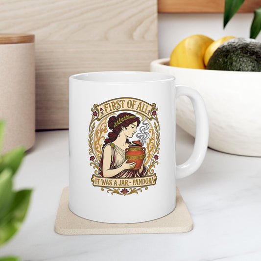 It Was a Jar Pandora ceramic mug, 11oz, on a kitchen counter