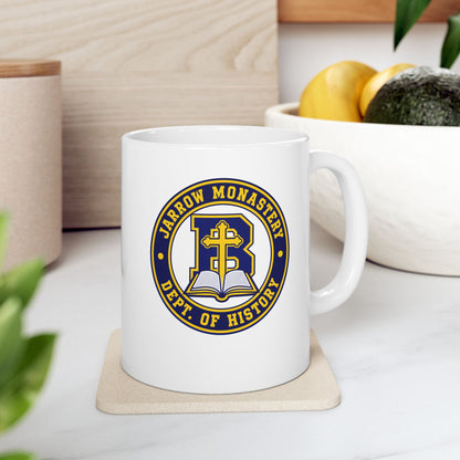 Jarrow Monastery Dept of History ceramic mug, 11oz, on a kitchen counter