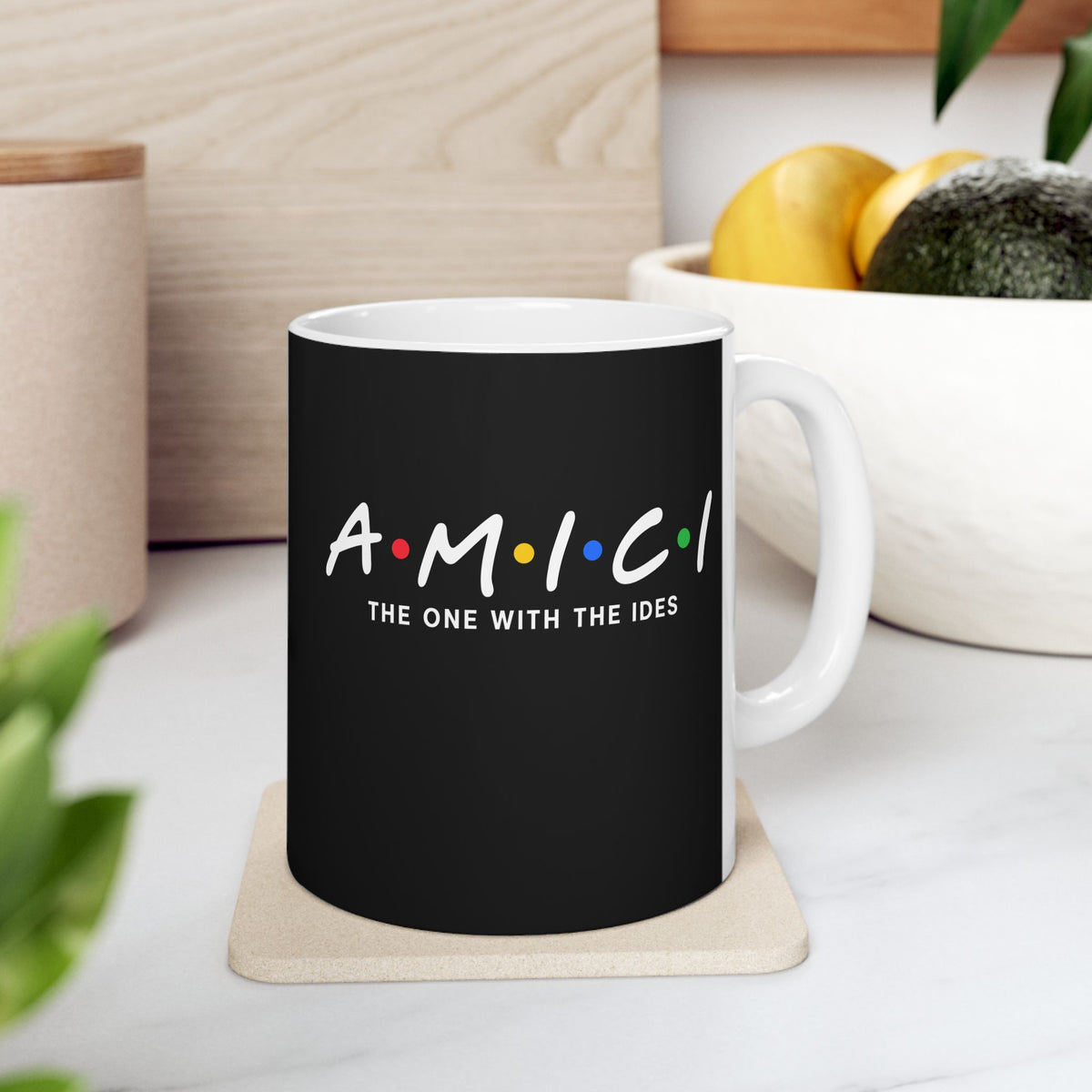 Latin Friends with Ides ceramic mug, 11oz, on a kitchen counter