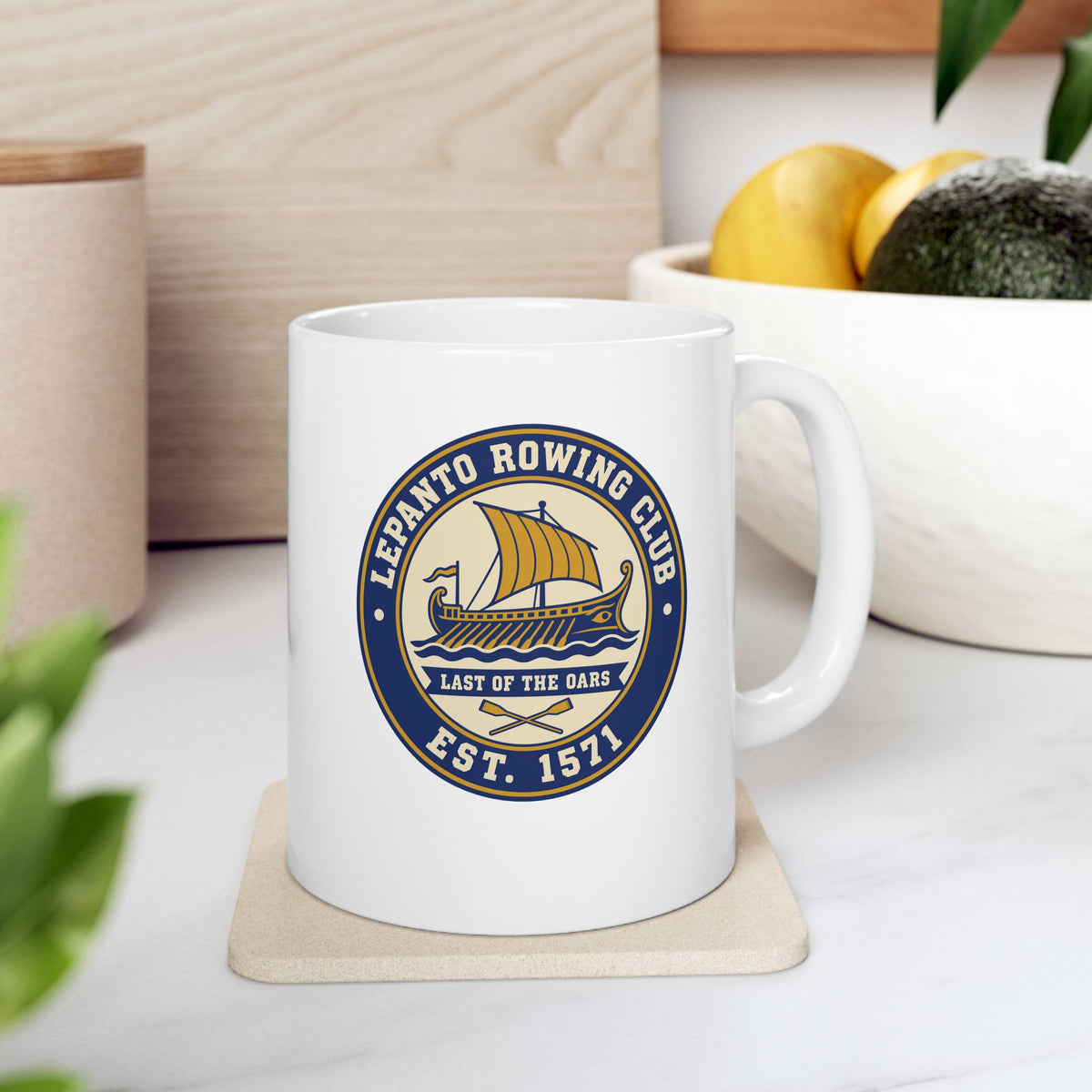 Lepanto Rowing Club ceramic mug, 11oz, on a kitchen counter