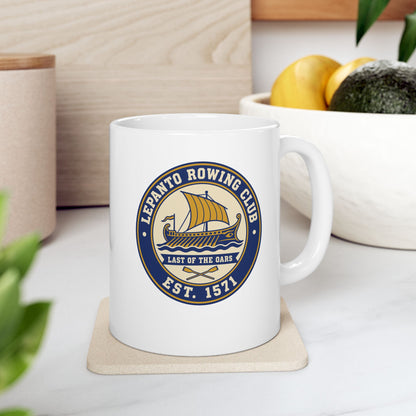 Lepanto Rowing Club ceramic mug, 11oz, on a kitchen counter