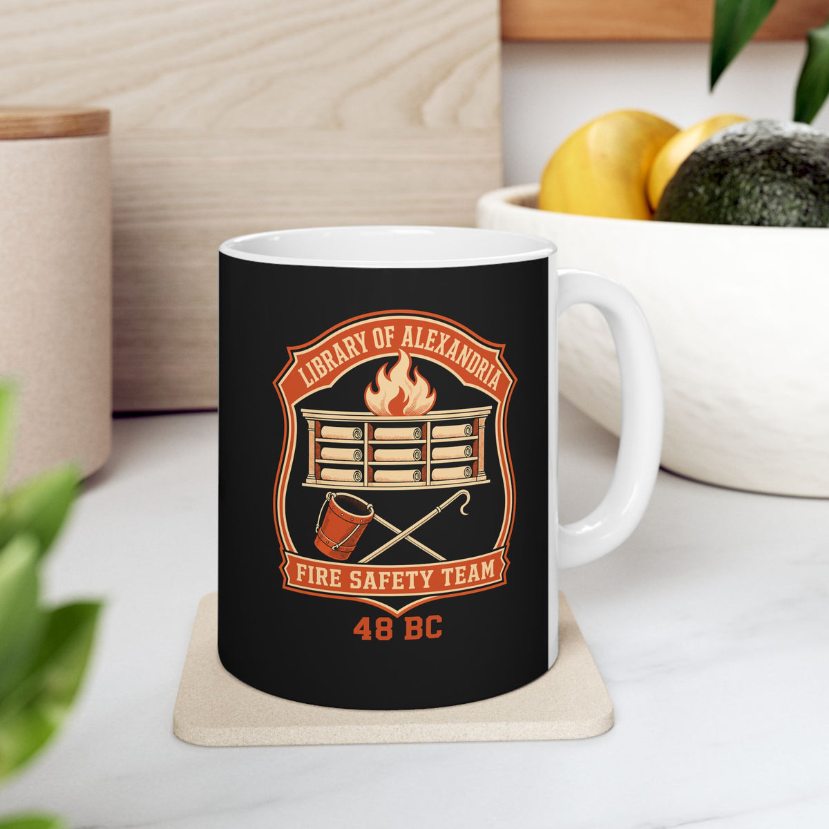 Library Alexandria Fire Safety ceramic mug, 11oz, on a kitchen counter