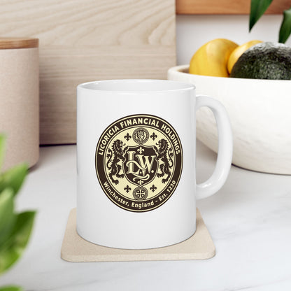 Licoricia Financial Holdings ceramic mug, 11oz, on a kitchen counter