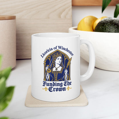 Licoricia of Winchester Funding the Crown ceramic mug, 11oz, on a kitchen counter